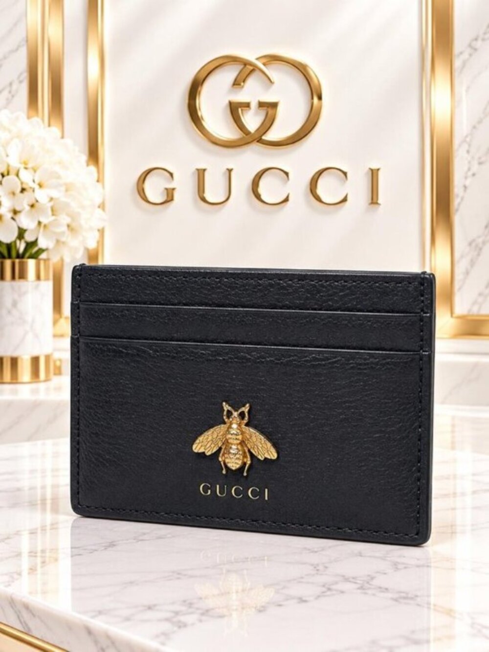 Authentic Gucci Animalier Bee Black Leather Card Holder Wallet Gold Bee Logo